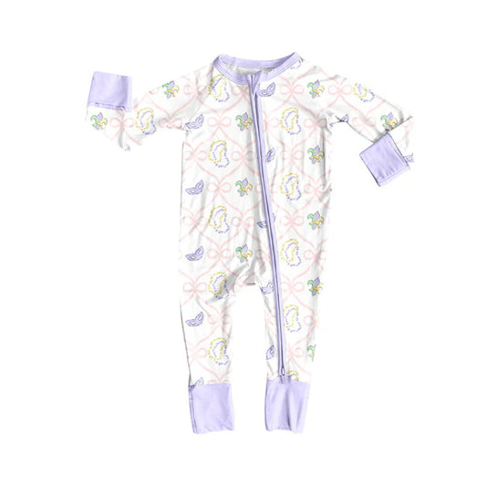 Preorder (moq 5)Baby Girls Bows Masks Checked Mardigras Zipper Footie Rompers 10.16