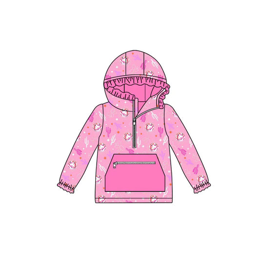 Preorder (moq 8)Baby Girls Pink Cactus Pocket Zipper Western Ruffle Hoodies Top 9.11
