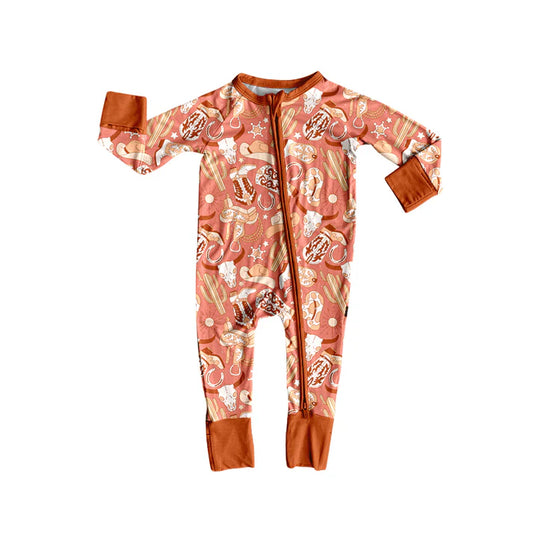 Preorder(moq 5)Baby Boys Western Boots Cactus Cow Zipper Footie Rompers 8.14