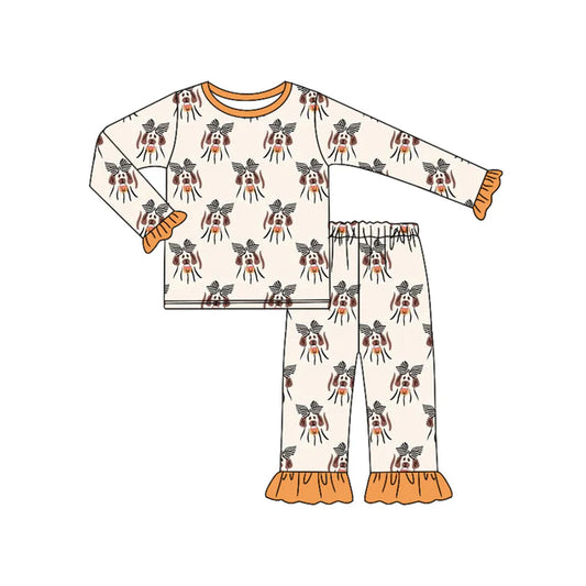 Preorder (moq 5)Baby Girls Long Ruffle Sleeves Bows Dogs Top Pant Pajamas Set 6.14