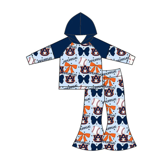 Preorder (moq 5)Baby Girls Long Sleeves Baseballs Bows AU Hoodie Top Bell Bottom Pant Team Set 6.16