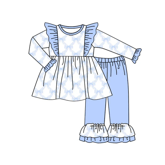 Preorder (moq 5)Baby Girls Long Sleeves Blue Bows Plaid Tunic Ruffle Pant Set 5.19
