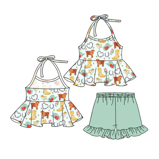 Preorder (moq 5)Baby Girls Strap Highland Cows Hats Tunic Aqua Ruffle Short Sets 5.15