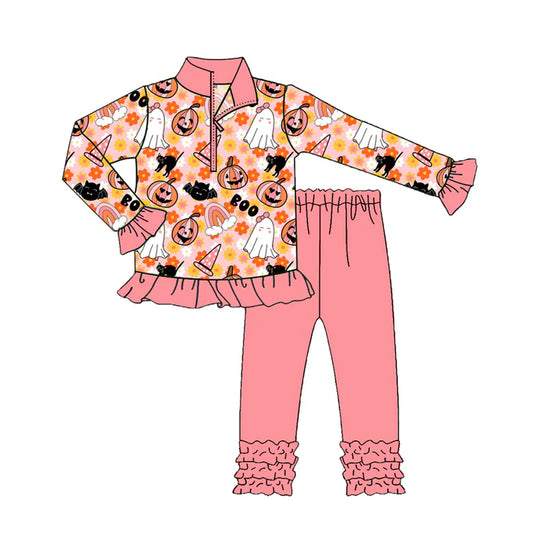 preorder(moq 5) Baby Girls Long Sleeves Flowers Ghost Pumpkins Zipper Top Legging Pants Set 7.25