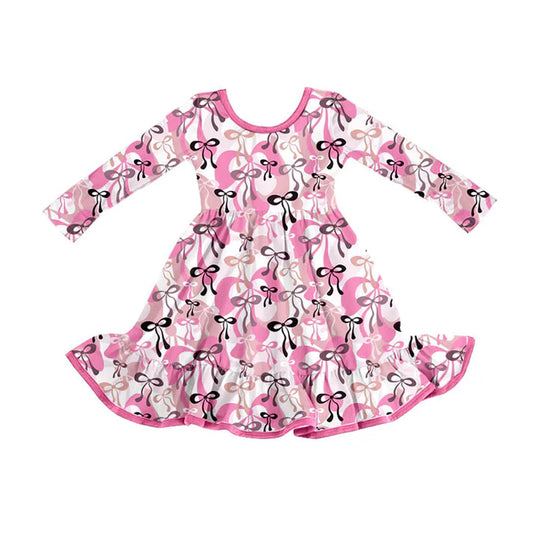 Preorder(moq 8)Baby Girls Pink Black Bows Plaid Ruffle Knee Length Dresses 9.25
