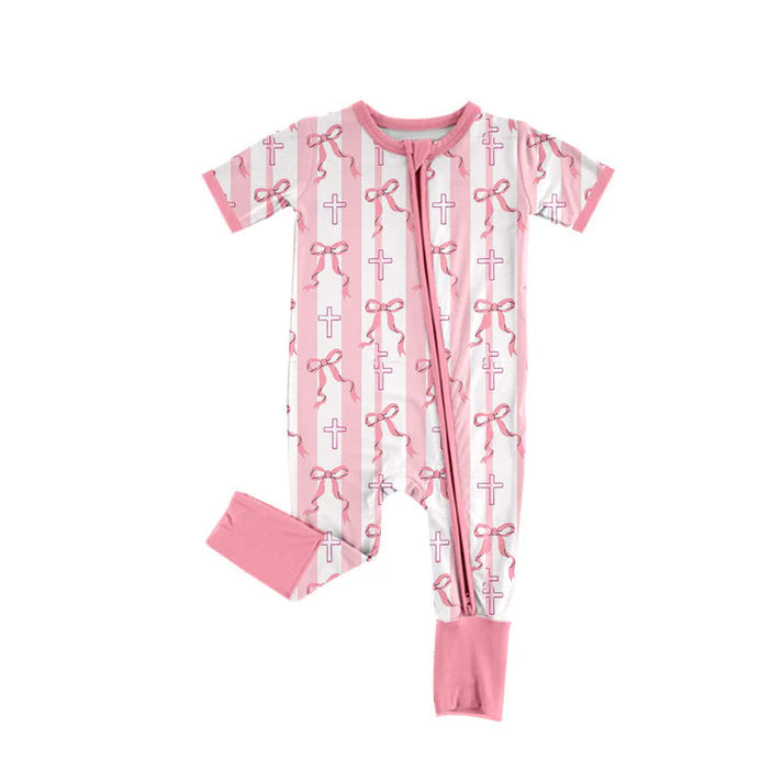Preorder (moq 5)Baby Girls Pink Bows Cross Stripe Easter Zipper Footie Rompers 10.9