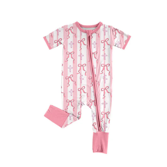 Preorder (moq 5)Baby Girls Pink Bows Cross Stripe Easter Zipper Footie Rompers 10.9