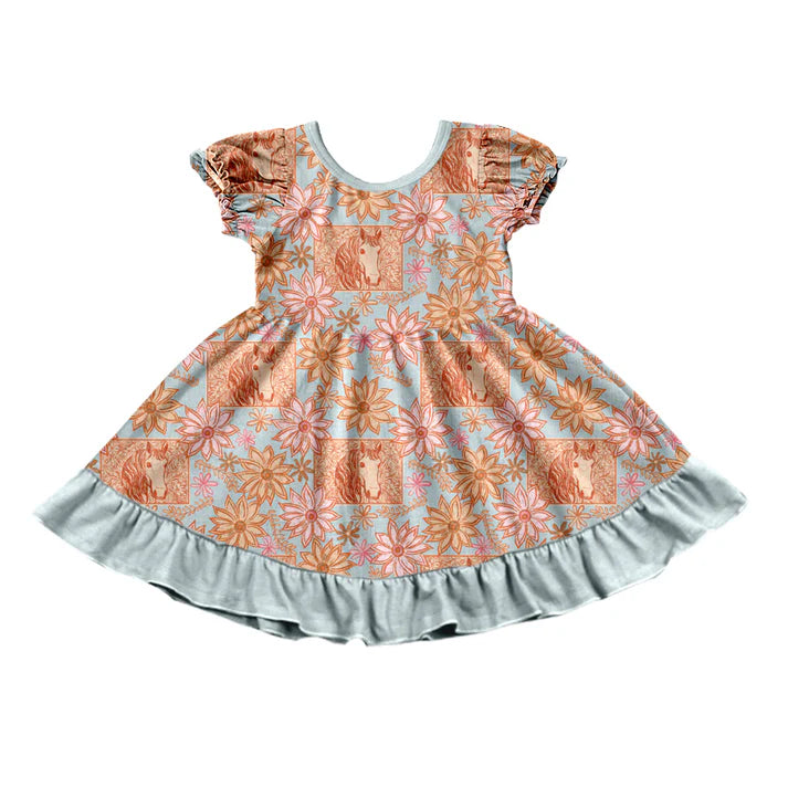 Preorder (moq 5)Baby Girls Daisy Flowers Horses Western Ruffle Knee Length Dresses 12.6
