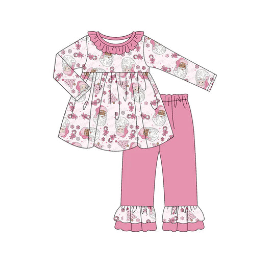 Preorder (moq 5)Baby Girls Long Sleeves Pink Santa Candy Cane Trees Tunic Ruffle Pant Sets 6.12