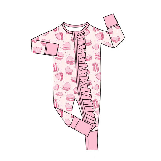 Preorder (moq 5)Baby Girls Pink Hearts Cookie Valentine Ruffle Zipper Footie Rompers 9.4