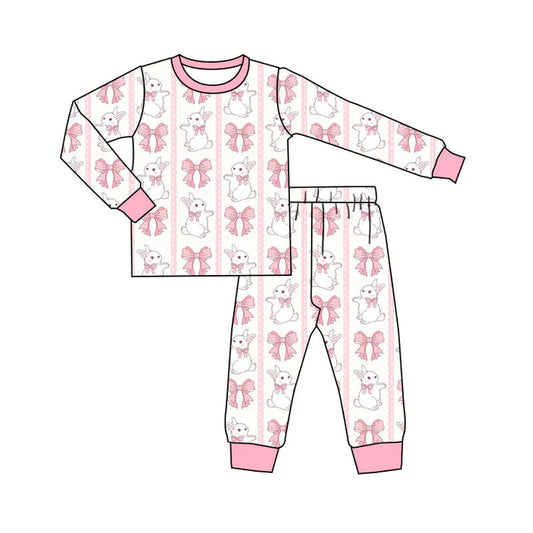 Preorder(moq 5) Baby Girls Pink Bows Rabbits Stripe Top Pants Easter Pajamas Sets 11.19