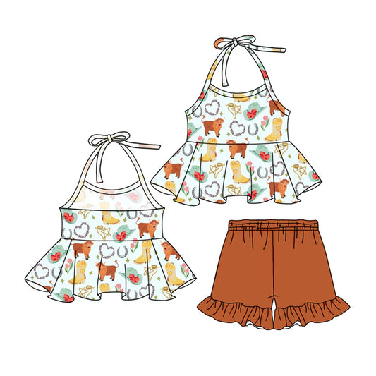 Preorder (moq 5)Baby Girls Strap Highland Cows Hats Tunic Brown Ruffle Short Sets 5.15