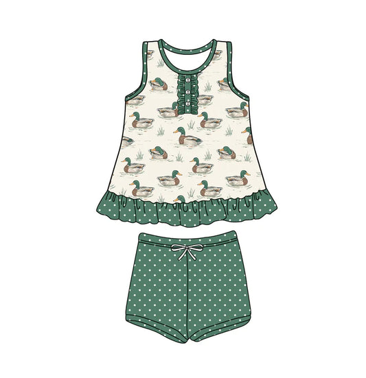 Preorder (moq 5)Baby Girls Green Sleeveless Button Ducks Tunic Polka Dots Short Set 5.14