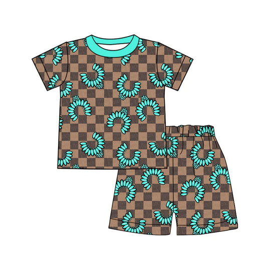 Preorder (moq 8)Baby Boys Khaki Checked Turquoises Top Shorts Western Pajamas Sets 9.13