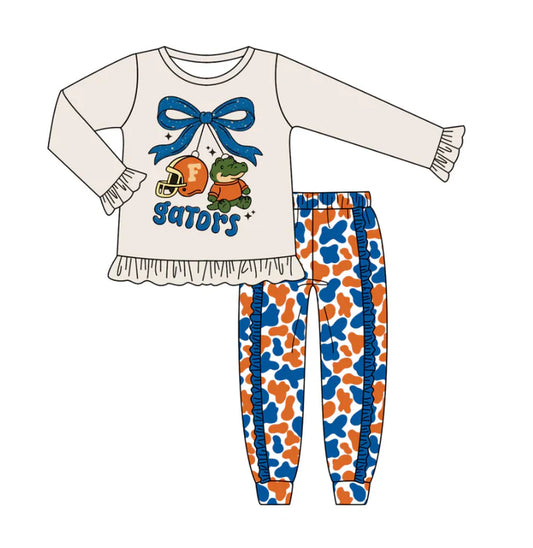 Preorder (moq 5)Baby Girls Grey Gators Team Top Ruffle Pants Outfits Sets 8.11