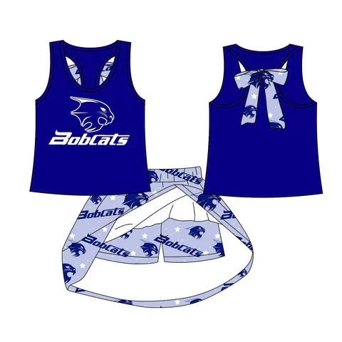 Preorder (moq 5)Baby Girls Blue Bodcats vest team Top Skirt Skort Sets 8.12