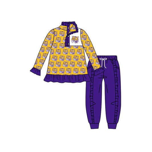 preorder(moq 5) Baby Girls Yellow LSU Tigers Team Long Sleeve Top Ruffle Pants Clothes Sets 7.23