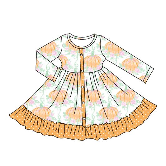 Preorder moq 5 Baby Girls Long Sleeves Pumpkins Flowers Button Ruffle Knee Length Dresses 5.7