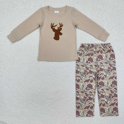 Sibling Baby Boys Long Sleeve Embroidery Deer Ducks Fishing Pants Hunting Clothes Sets