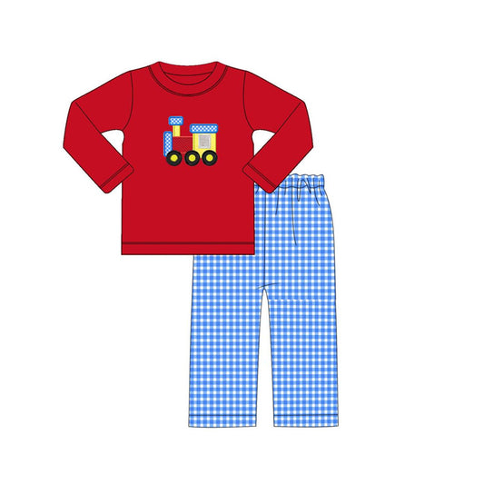 Baby Boys Clothes Red Train Top Checkered Pants Sets Preorder BLP0614