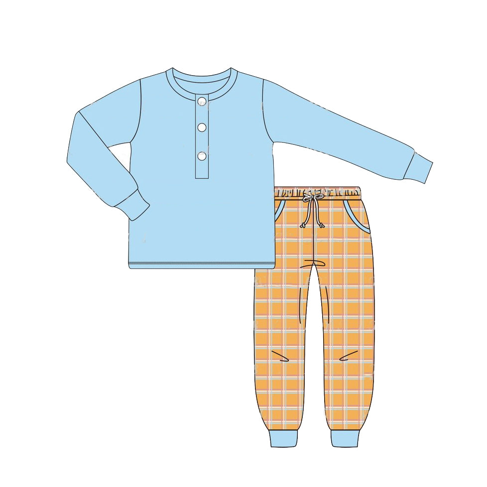 Baby Boys Clothes Blue Buttons Top Checkered Pockets Pants Sets Preorder BLP0738