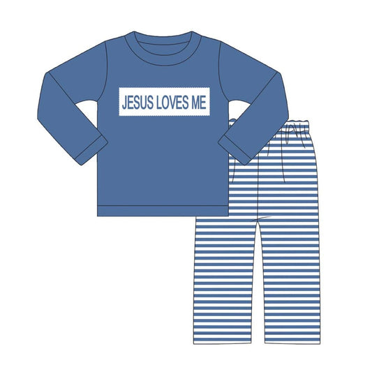 Baby Boys Clothes Blue Stripes Jesus Loves Me Top Pants Sets Preorder BLP0766