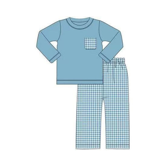 Baby Boys Clothes Dark Blue Pocket Top Checkered Pants Sets Preorder BLP0770