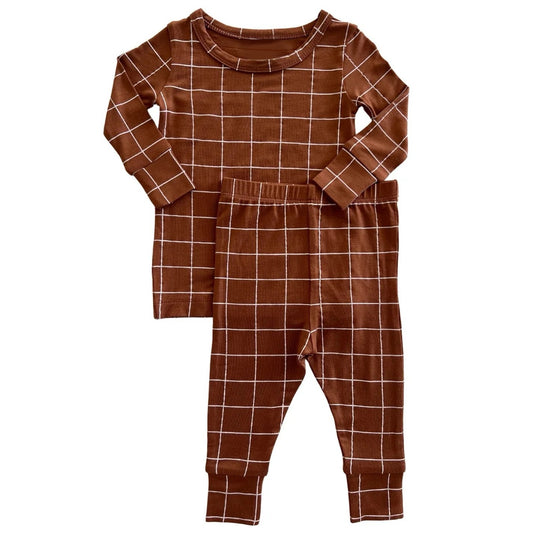 Baby Boys Pajamas Fall Brown Checkered Top Pants Pajamas Sleepwear Sets Preorder BLP0883