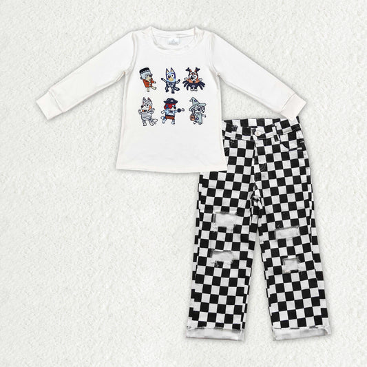 Baby Boys Clothes Dogs Halloween Black Checkered Denim Pants Sets BLP0892