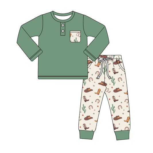 Baby Boys Clothes Western Green Pocket Top Boots Pants Sets Preorder BLP0925