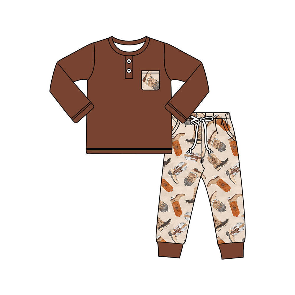 Baby Boys Clothes Western Brown Boots Pocket Top Pants Clothes Sets Preorder BLP0926