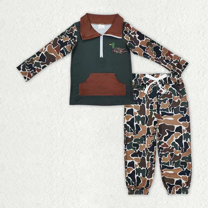 Sibling Baby Boys Camo Embroidery Mama's Boy Ducks Dogs Zipper Pullover Pockets Jogger Hunting Clothes Set 11.5