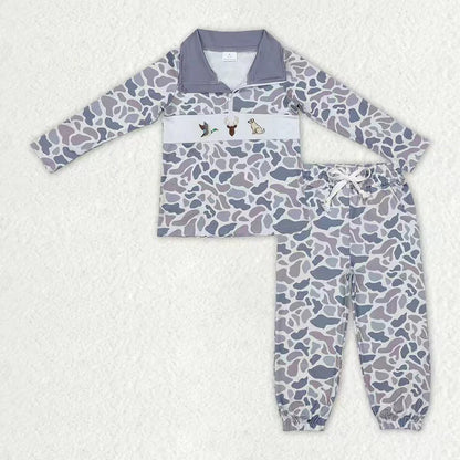Sibling Baby Boys Camo Embroidery Mama's Boy Ducks Dogs Zipper Pullover Pockets Jogger Hunting Clothes Set 11.5