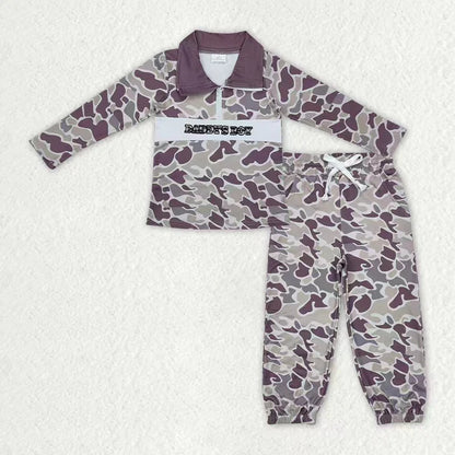 Sibling Baby Boys Camo Embroidery Mama's Boy Ducks Dogs Zipper Pullover Pockets Jogger Hunting Clothes Set 11.5