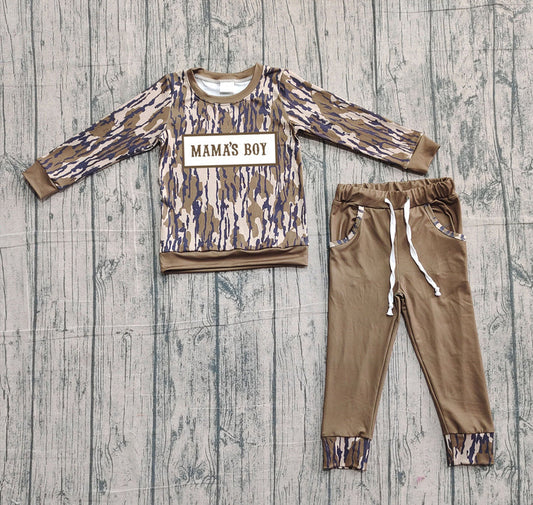 Embroidery Mama's Boy Baby Boys Olive Camo Top Pockets Jogger Clothes Sets Preorder 10.25