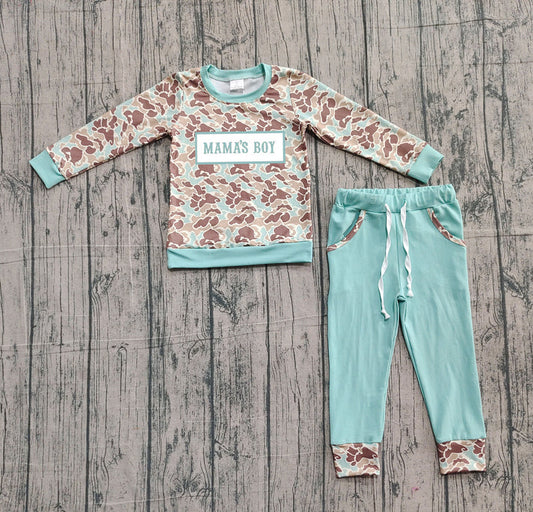 Embroidery Mama's Boy Baby Boys Green Camo Top Pockets Jogger Clothes Sets Preorder 10.25