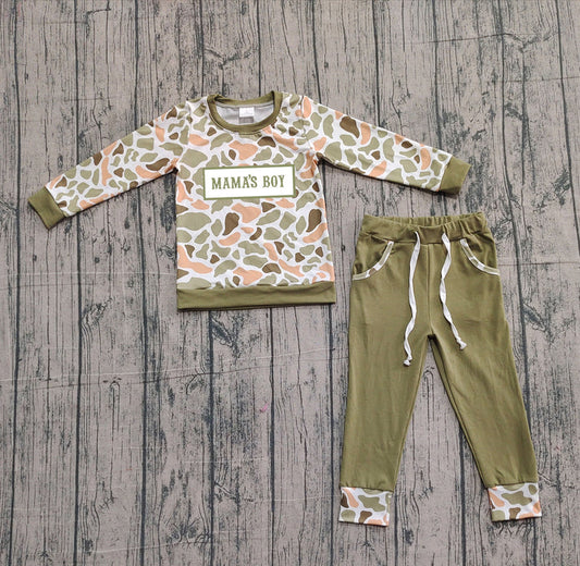 Embroidery Mama's Boy Baby Boys Green Orange Camo Top Pockets Jogger Clothes Sets Preorder 10.25