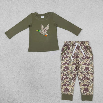 Sibling Baby Boys Long Sleeve Embroidery Deer Ducks Fishing Pants Hunting Clothes Sets