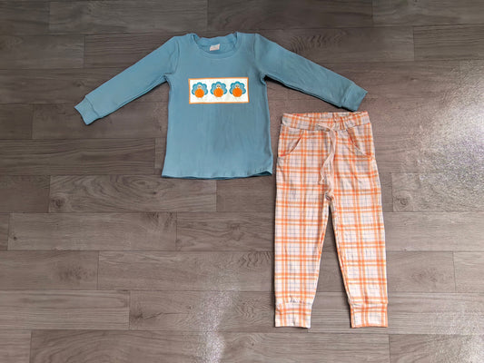 Baby Boys Embroidery Pumpkins Turkey Pockets Pant Thanksgivings Clothes Sets Preorder BLP1498