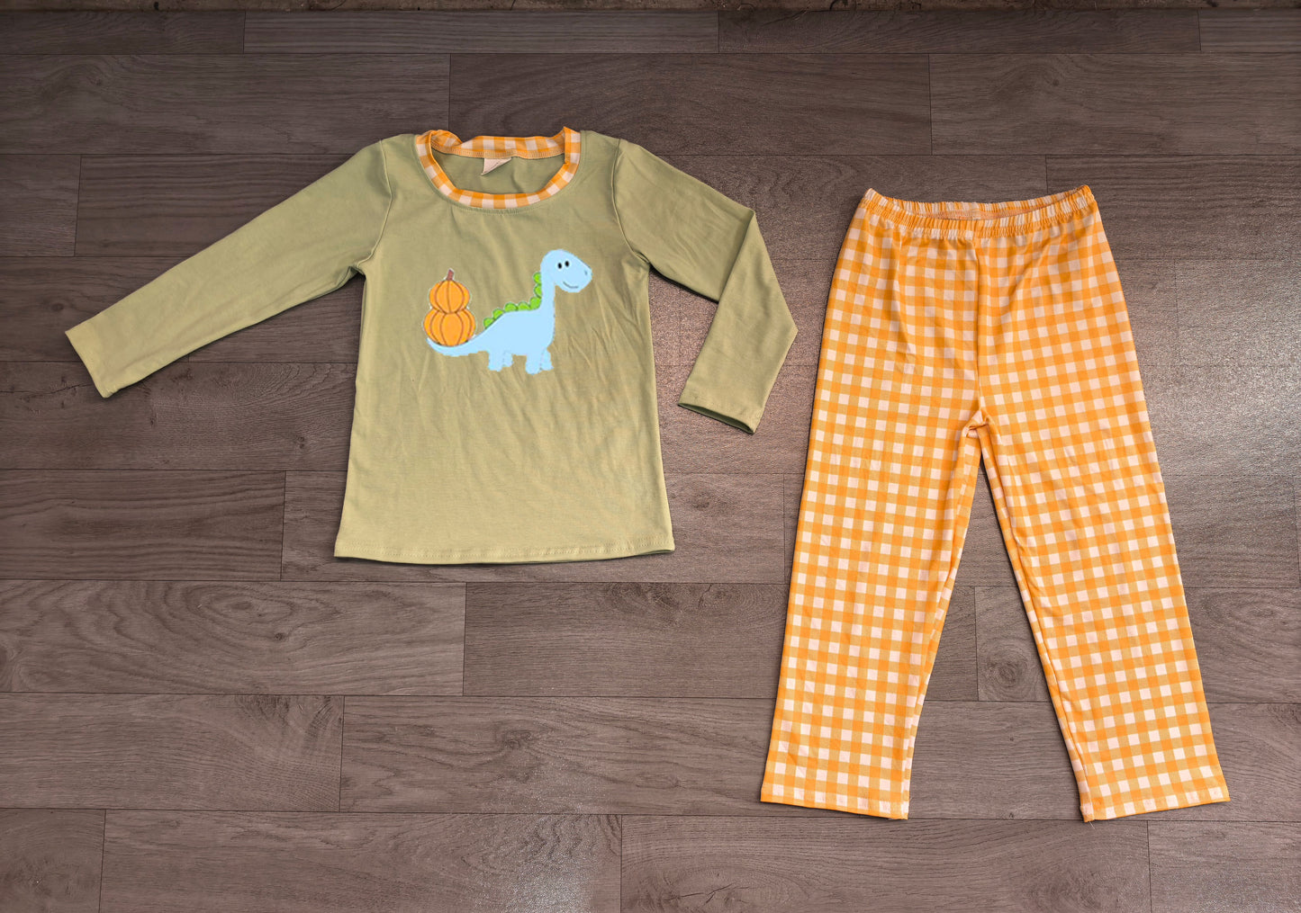 Baby Boys Clothes Embroidery Pumpkin Dinosaurs Top Checked Pants Fall Clothes Set Preorder BLP1515