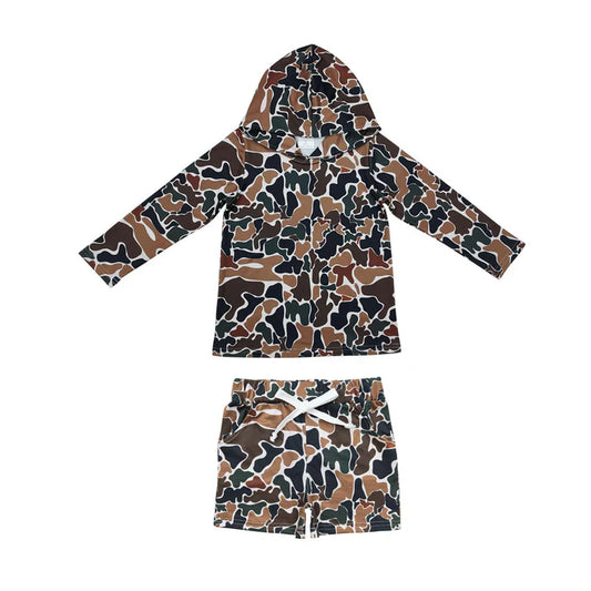 Baby Boys Dark Brown Camo Hoodie Top Pockets Shorts Southern Clothes Sets BLS0004 11.5