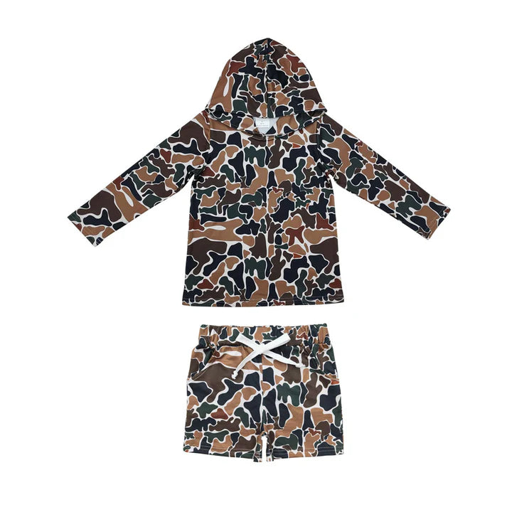 Baby Boys Dark Brown Camo Hoodie Top Pockets Shorts Southern Clothes Sets BLS0004