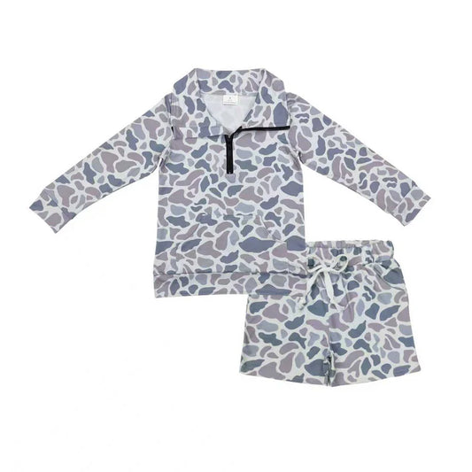 Baby Boys Light Grey Camo Zipper Pocket Pullover Pockets Shorts Southern Clothes Sets BLS0007 11.5