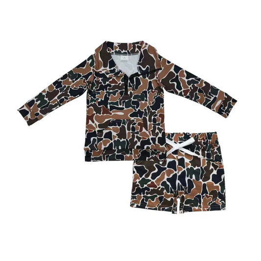 Baby Boys Dark Brown Camo Zipper Pocket Pullover Pockets Shorts Southern Clothes Sets BLS0008
