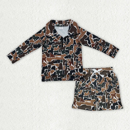 Baby Boys Southern Dark Brown Camo Zipper Pockets Top Shorts Hunting Clothes Sets BLS0027