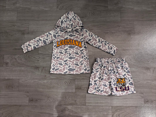 Preorder Baby Boys Grey Camo Louisiana Long Sleeve Hoodie Short Team Clothes Set BLS0045