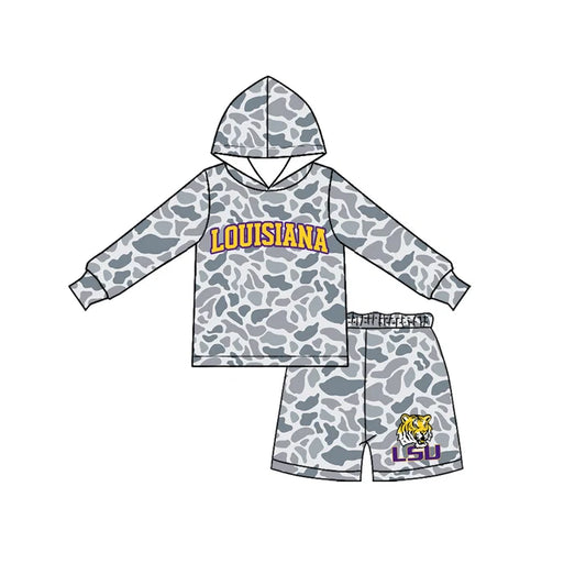 Preorder Baby Boys Grey Camo Louisiana Long Sleeve Hoodie Short Team Clothes Set BLS0045