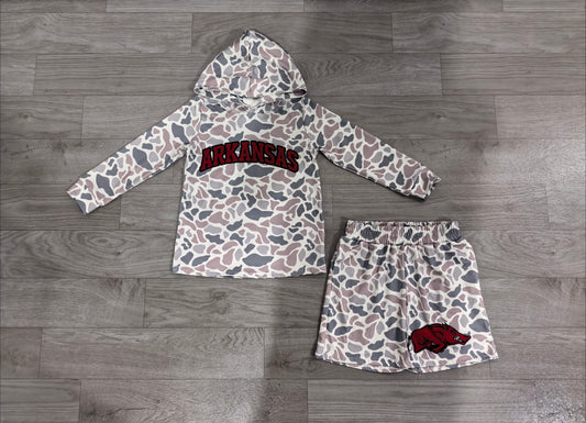 Preorder Baby Boys Grey Camo Arkansas Long Sleeve Hoodie Short Team Clothes Set BLS0046