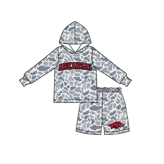 Preorder Baby Boys Grey Camo Arkansas Long Sleeve Hoodie Short Team Clothes Set BLS0046
