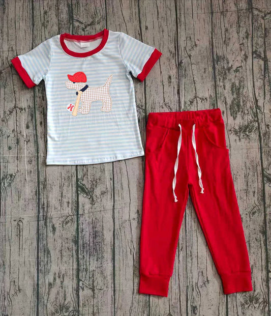 Embroidery Dog Baseballs Baby Boys Stripe Top Pockets Leggings Clothes Sets Preorder 10.25